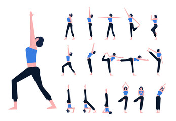 Set with beautiful asian woman in poses of yoga. flat character design. vector illustration