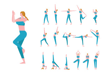 Set with beautiful Caucasian woman in poses of yoga. flat character design. vector illustration