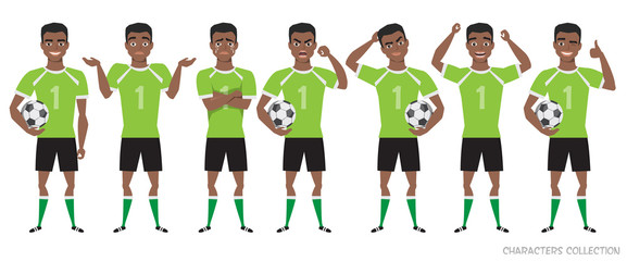 Footballer character constructor. black african american soccer player different postures, emotions set