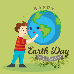 Earth day, happy boy hugging planet, ecology concept of love the world, green and blue globe protection, global eco save nature vector illustration isolated on white background