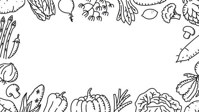 Vegetable moving pattern background, kids hand drawing concept design, illustration isolated on white background seamless looping animation 4K, with center rectangle copy space
