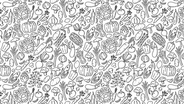 Vegetable moving pattern background, kids hand drawing concept design, illustration isolated on white background seamless looping animation 4K, with copy space