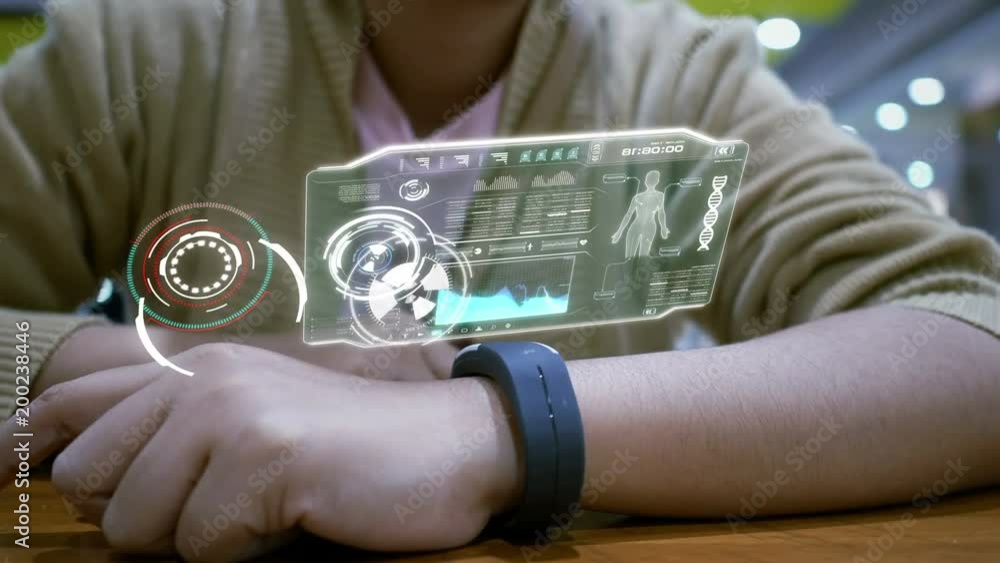 Aufkleber close up shot hands of woman using smart watch with hud user interface for cyber futuristic applicat