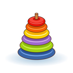 Pyramid icon. Childrens colorful plastic toy. Rainbow color stacking ring set. Triangle shape. Education card for kids. Isolated. White background. Flat design. Vector illustration