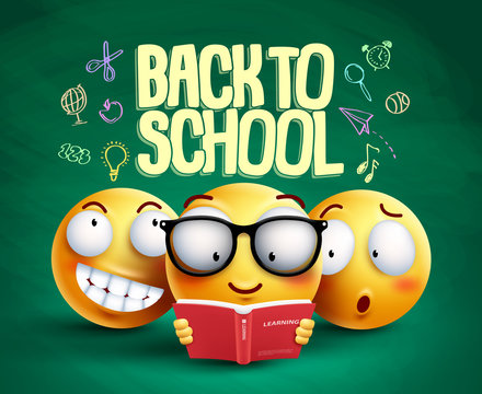 Smiley characters and back to school text vector banner design with funny yellow emoticons reading and studying in green texture background for education. Vector illustration.
