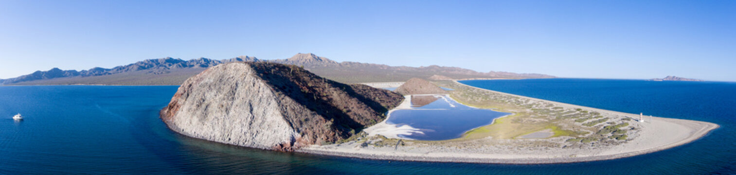 Aerial panoramic views of isla San Jose, Baja California 
Sur, Mexico. Sea of cortez.