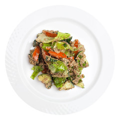 Quinoa salad with vegetables mix isolated on white, top view. Superfoods concept