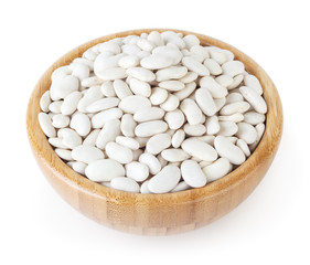 White beans in wooden bowl isolated on white background with clipping path