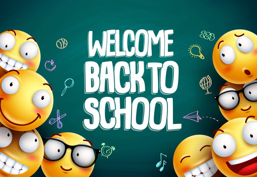 Smileys back to school vector background design. Yellow smiley emoticons with welcome back to school text in blackboard background for education. Vector illustration.
