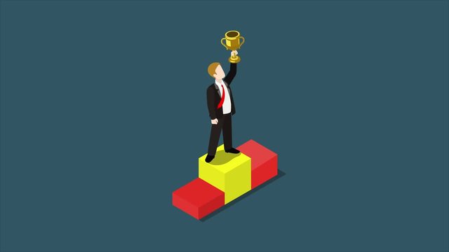 Business trophy rating award winner cartoon flat 3d isometric animated concept. Businessman on first place pedestal rising hand with gold cup  reveal animation 4K video.
