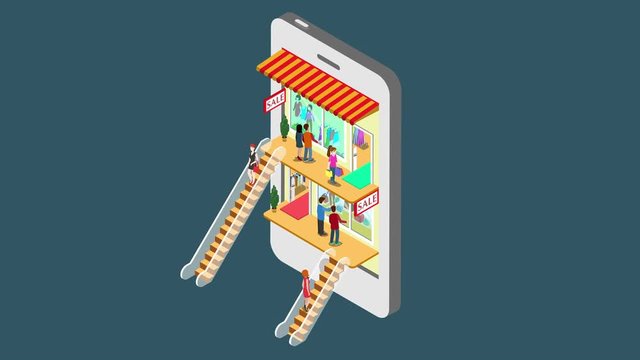 Mobile shopping e-commerce online store reveal animation flat 3d isometric concept. Electronic business, sales, black Friday. People walk on floors in stores boutiques like inside smartphone 4k video.