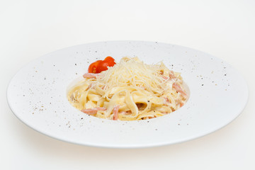 Pasta carbonara. Tagliatelli with becon, cheese and sauce, Italian food
