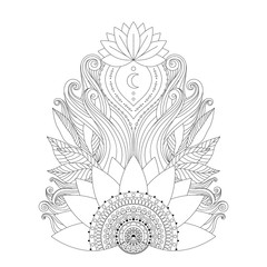 Ornamental black and white lotus flowers. Ethnic decorative element, line art, boho design. Hand drawn floral pattern isolated on white background. Vector art.