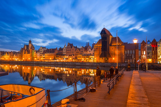 Promenade at Motlawa river and marina in Gdansk at night, Poland