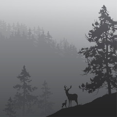 vector illustration with natural background. Deer in the mountains covered with forests.