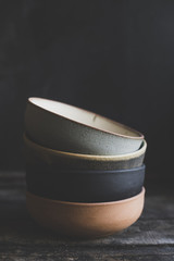 Craft maded bowles on the wooden background,selective focus