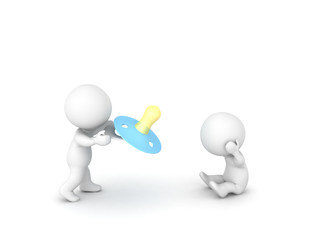 3D Character offering pacifier to sad person