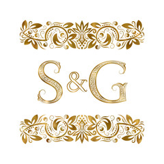 S and G vintage initials logo symbol. The letters are surrounded by ornamental elements. Wedding or business partners monogram in royal style.