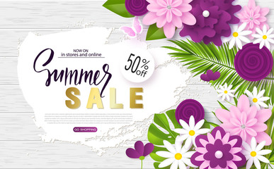 Summer sale banner.Background with flowers, butterflies and tropical leaves on wooden texture.. Vector illustration for posters, coupons, promotional material.