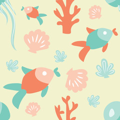 Fototapeta na wymiar Seamless ocean background with fish coral shell and jellyfish. Tiled underwater background design. Flat illustrated blue water wrapping paper
