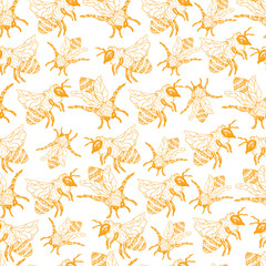 Honey Bee Seamless Pattern, Sketch Vector Illustration With Bumble Bee Hives In Vintage Style, Yellow Hand Drawn Honeycomb On White Background