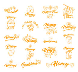 Set of isolated logos or stickers for honey bottle or container. Bumble bee or honey bee, flower and spoon taking honey from bucket, bottle and honeycomb, hive. Food and apiary, farming theme