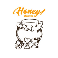 Honey Sketches Glass Bottle, Honey Hand Drawn Superfood Organic Products Design, Vector Illustration. Black Outline Engraving Elements.Vintage Isolated Vector Illustration