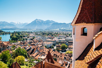 Thun cityscape with Alps mountain and lake in Switzerland