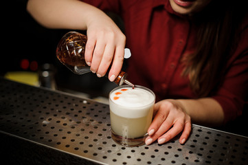 Fototapeta na wymiar Female bartender making a final preparing for serving a white cocktail