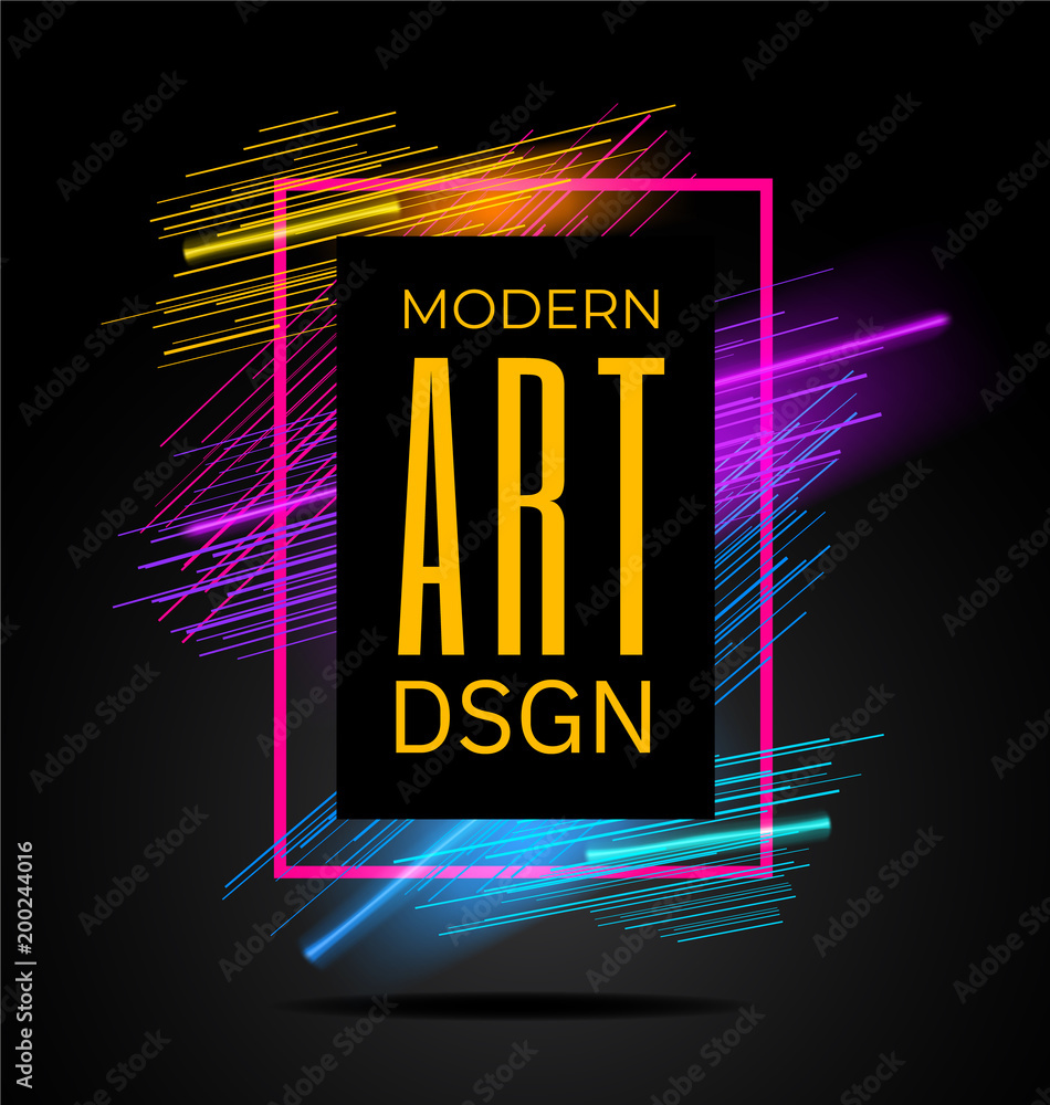 Poster Vector modern frame with geometric neon glowing lines isolated on black background. Art graphics with glitch effect. Design element for business cards, gift cards, invitations, flyers, brochures.