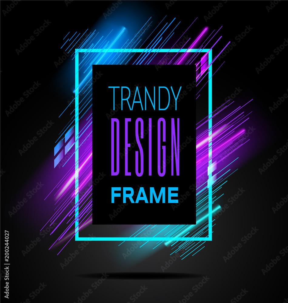 Poster Vector modern frame with geometric neon glowing lines isolated on black background. Art graphics with glitch effect. Design element for business cards, gift cards, invitations, flyers, brochures.
