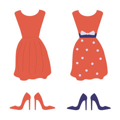 Red women's dress and high heel shoes. Female fashion clothing. Summer or spring romantic lady's look isolated on white. Polka dot apparel decorated with bow in flat design.