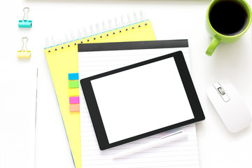white Desk, tablet PC, lying on the table, white background with copy space, for advertisement, top view