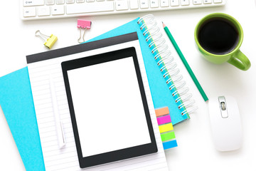 white Desk, tablet PC, lying on the table, white background with copy space, for advertisement, top view