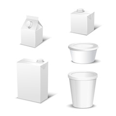 Set of white blank realistic dairy packaging including plastic bottles and carton packets isolated vector illustration
