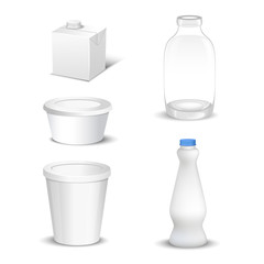 Set of white blank realistic dairy packaging including plastic bottles and carton packets isolated vector illustration