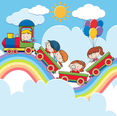 Obraz na płótnie Canvas Kids on Train on Rainbow Road