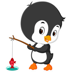 cute penguin fishing