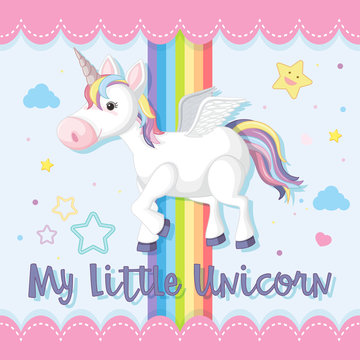 Poster design with unicorn and rainbow in sky