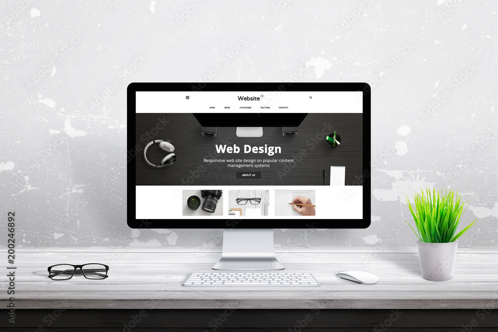 Poster Flat web design theme presentation on computer display.