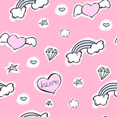 Seamless pretty pattern with hearts, rainbow and stars on a pink background. Vector cartoon illustration with diamond for kids design projects.