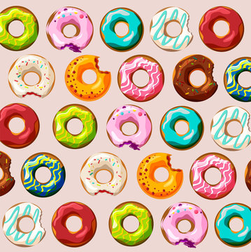 Pattern with colored glazed donuts.