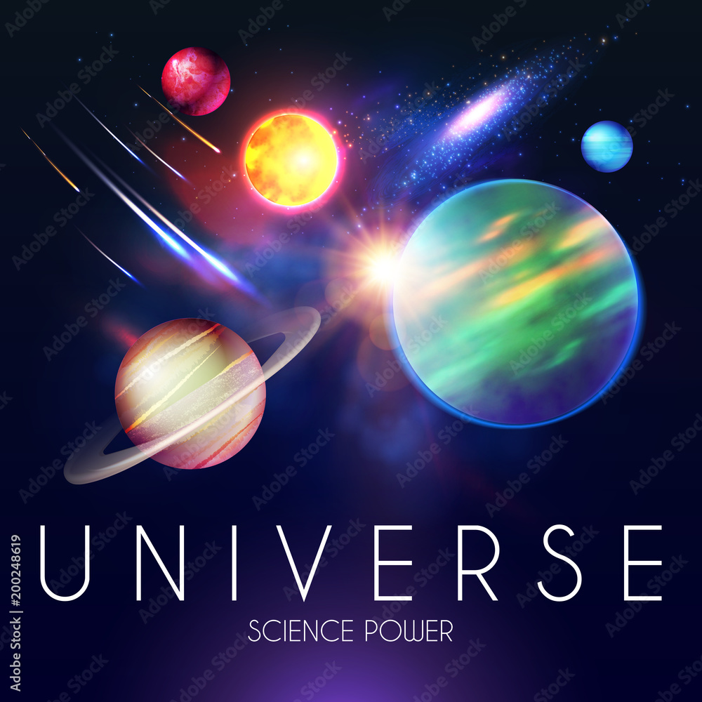 Wall mural space shining backgrouns with realistic 3d planets and stars. univerce and cosmos design. light of a