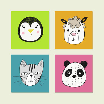 Vector poster with hand drawn funny animal face.