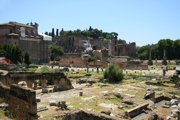 View of the Roman Forum in Rome, Italy. The Roman Forum is the remains of architecture of the Roman...
