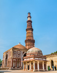 Imam Zamin Tomb, Alai Darwaza and Qutub Minar at the Qutb Complex in Delhi, India