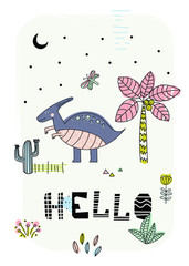 Cartoon dinosaur poster. Vector illustration. T-Shirt Design & Printing, clothes for kids. Hello