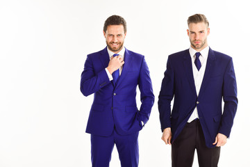 Businessmen in suits on white background. Man with beard