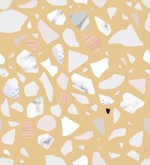 Terrazzo seamless pattern. Yellow and pastel colors. Marble. Textured shapes