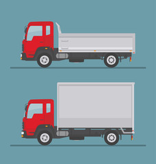 Tipper truck and delivery truck  isolated on blue background. Side view. Flat style, vector illustration.  
